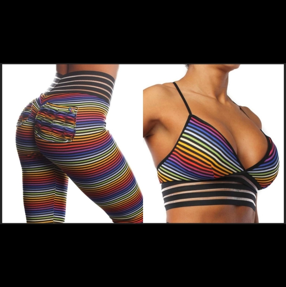 🌈RARE🌈 Set Roller Girl Leggings & Top Sports Bra Rainbow Cute Booty Lounge